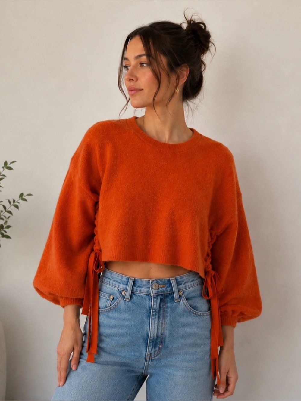 Free People Orange Cropped Balloon Sleeve Cashmere Sweater With Ties XS